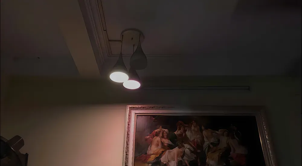 조명 아래 걸려 있는 화려한 그림